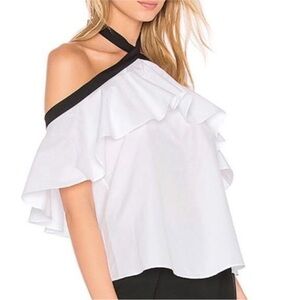 NWT Alice + Olivia Alyssa White Off-Shoulder Ruffle Top with Black Trim XS